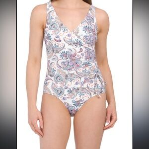 Nip Tuck Swim Womens White Paisley Rouched Side Molded One Piece Swimsuit Size 4